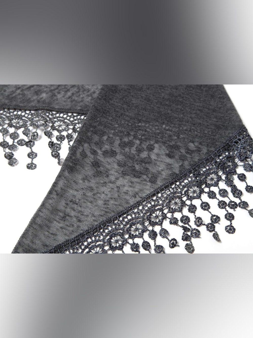 Stormcloud Grey Knit Triangle Scarf with Flower Lace Fringe - Picture 6 of 7